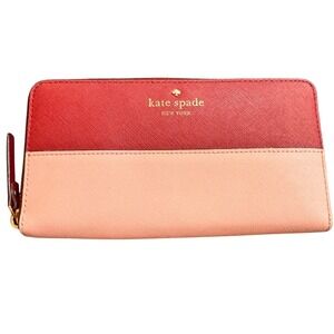Kate Spade New York Saffiano Leather Zip Around Wallet Colorblock Pink Maroon